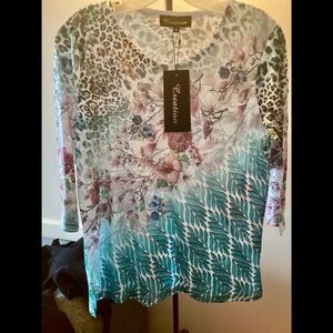 M Fun Summer Sparkle Art Print Jersey Top Blue Rose Pink Floral and Cheetah!